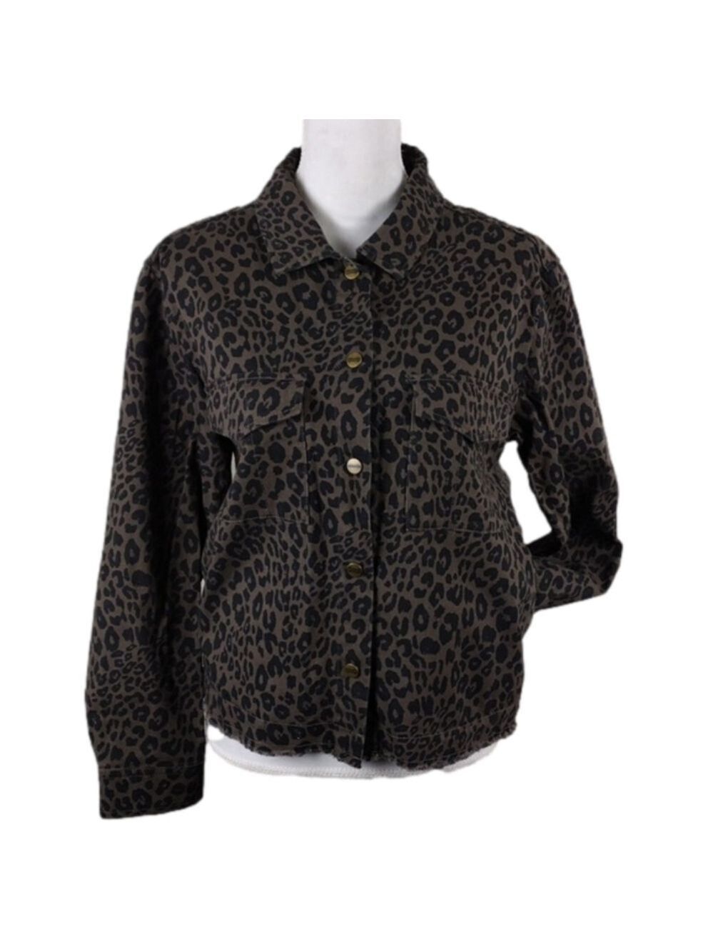 Sanctuary Coffee Leopard Print Collared Long Sleeve Snap Front Color Jean Jacket